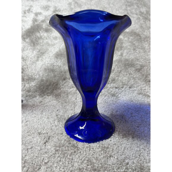 LOT of 2 Cobalt Blue Glass Vase 12" and Cobalt Blue Sundae Glass 6" Collectible - Picture 5 of 10